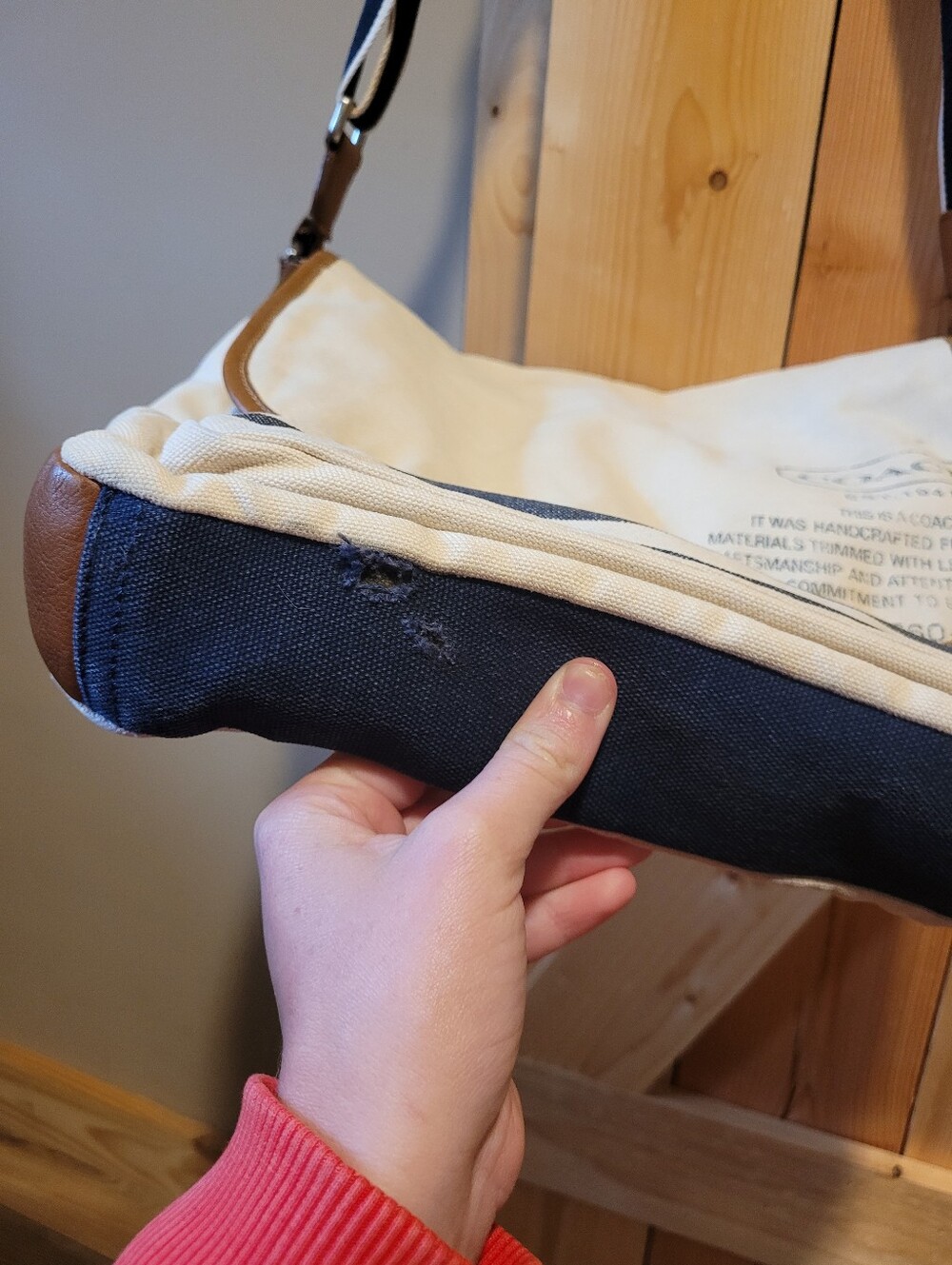 Coach Men's Cream Canvas Messenger Bag with Navy Stripe - Picture 3 of 10